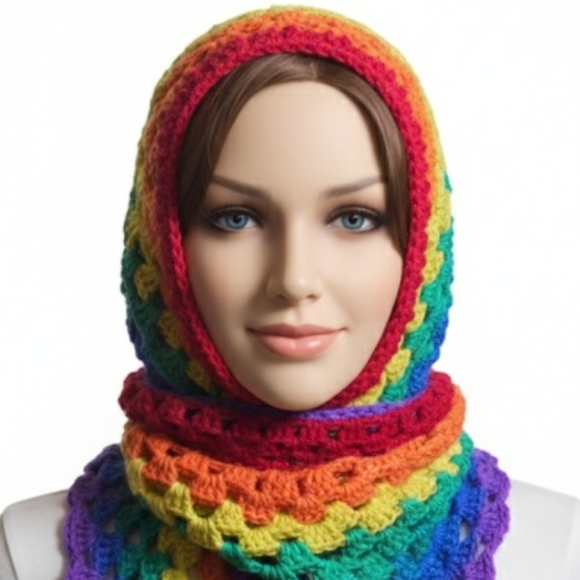 Hand Crafted Accessories - Rainbow Crochet Head Cover Bandana Prayer Wrap OOAK 14-in-1 Handmade Grannycore